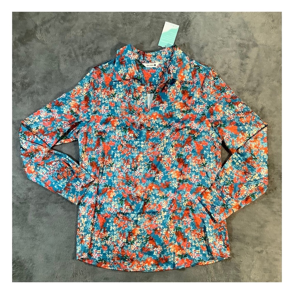 DYLISEA Floral Blouse Women's Size M Teal Orange Long‎ Sleeve Split Neck NWT